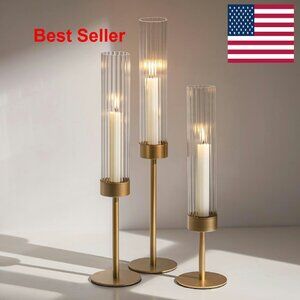 Elegant Hurricane Taper Candle Holders Set Classic Brass Ribbed Glass Decor